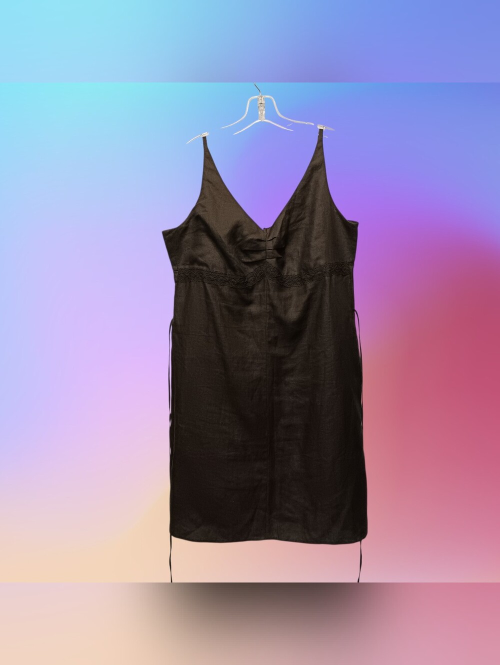Vintage Marks & Spencer Black Linen Lace Trim Slip Dress Cottagecore Layering